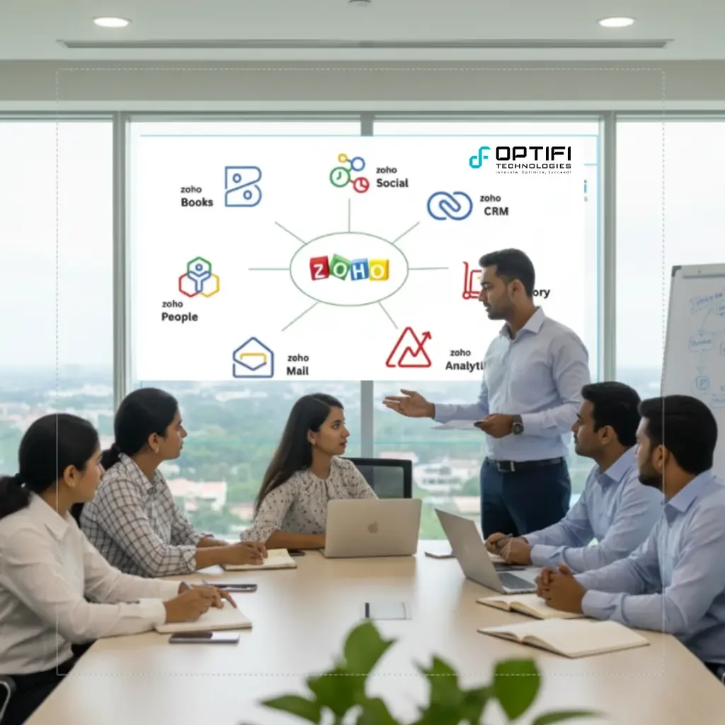 OptiFi consultant walking a client team through the Zoho application suite